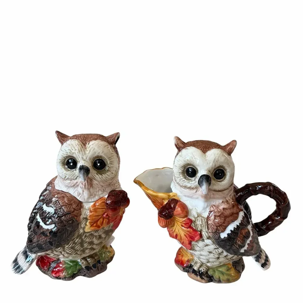 Heritage Harvest Owl Cream & Sugar Set Ceramic Fall Autumn Thanksgiving New